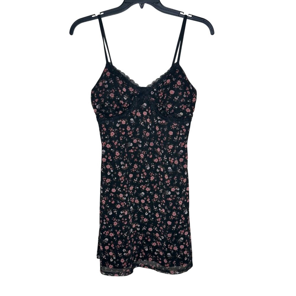 No Boundaries Y2K Babydoll Dark Floral Sheer Overlay Dress Built in‎ Bra Size L